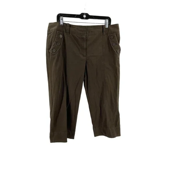 Ann Taylor Loft Women's Brown Wide Leg Cropped Khaki Pants Buttons Size 14 - Picture 2 of 13